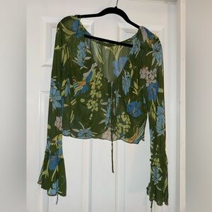 Free People Green Floral Blouse with Bell Sleeves